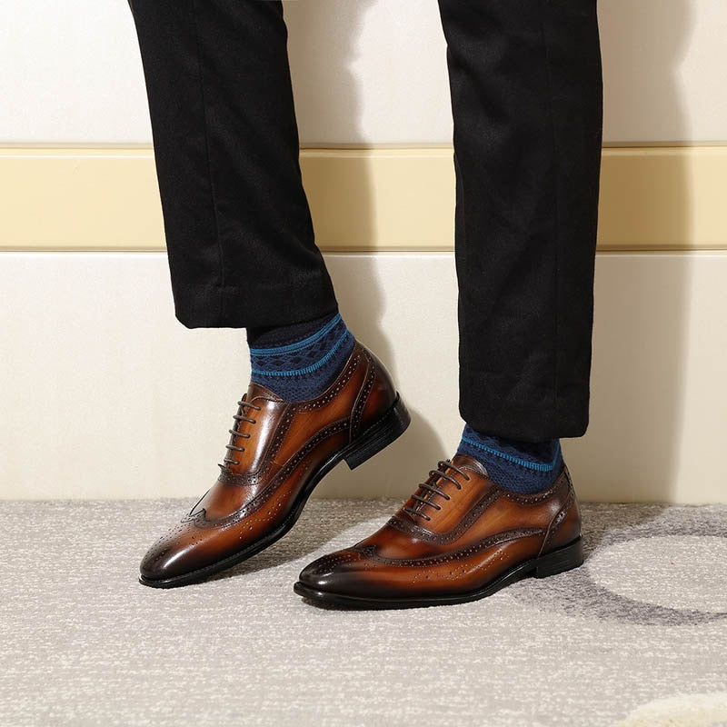 Chaussures habillées Oxford pour homme - Style Wing-tip Brogue - Cuir véritable - Noir/marron