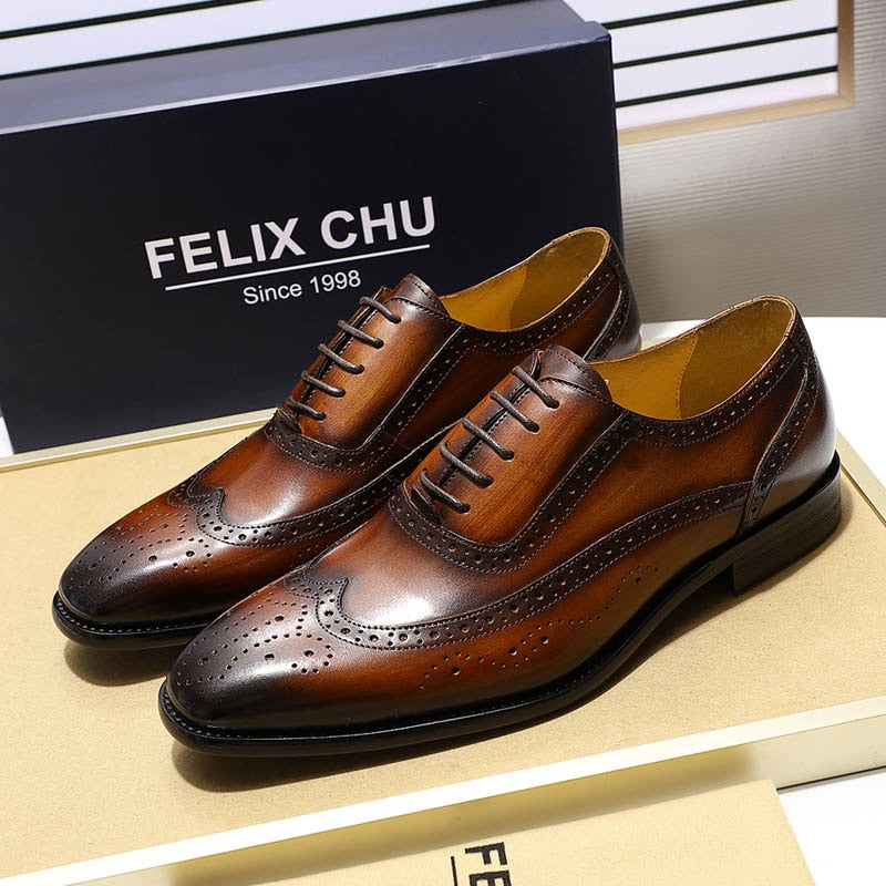 Chaussures habillées Oxford pour homme - Style Wing-tip Brogue - Cuir véritable - Noir/marron