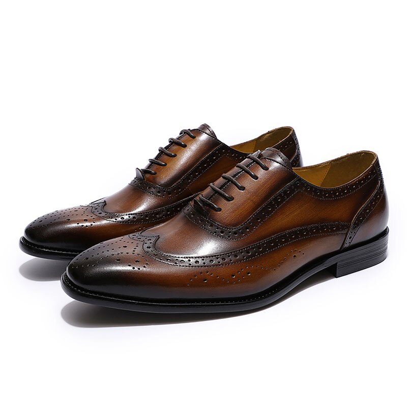 Chaussures habillées Oxford pour homme - Style Wing-tip Brogue - Cuir véritable - Noir/marron