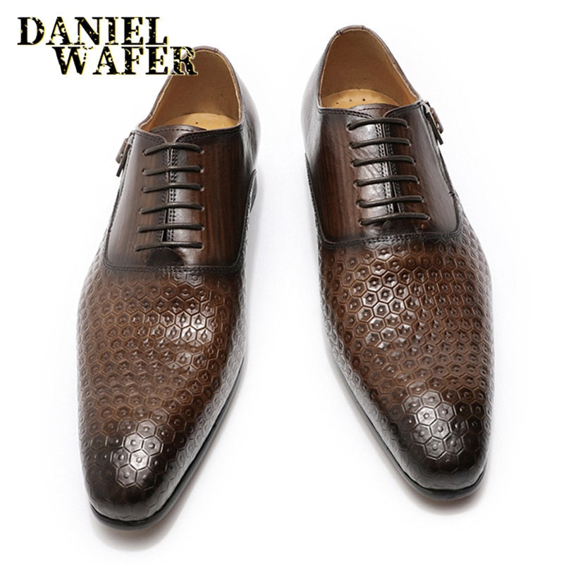 Chaussures habillées pour homme en cuir véritable - Imprimés géométriques - Daniel Wafer Coffee