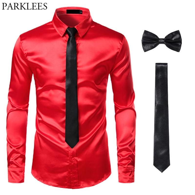 Chemises Hommes en Soie Noire avec Cravate et Noeud Papillon