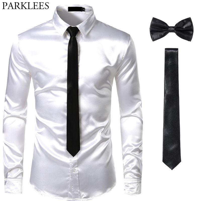 Chemises Hommes en Soie Noire avec Cravate et Noeud Papillon