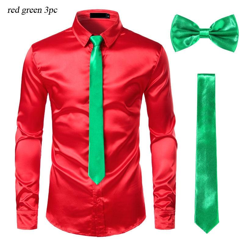 Chemises Hommes en Soie Noire avec Cravate et Noeud Papillon green red
