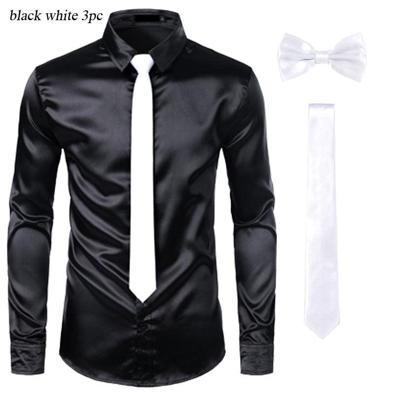 Chemises Hommes en Soie Noire avec Cravate et Noeud Papillon black white