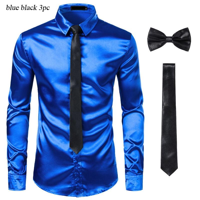 Chemises Hommes en Soie Noire avec Cravate et Noeud Papillon blue black