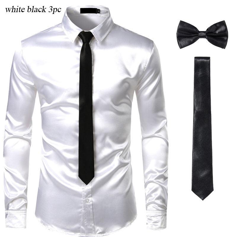 Chemises Hommes en Soie Noire avec Cravate et Noeud Papillon white black