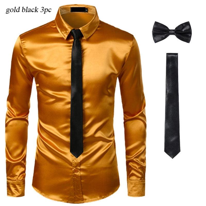 Chemises Hommes en Soie Noire avec Cravate et Noeud Papillon glod black