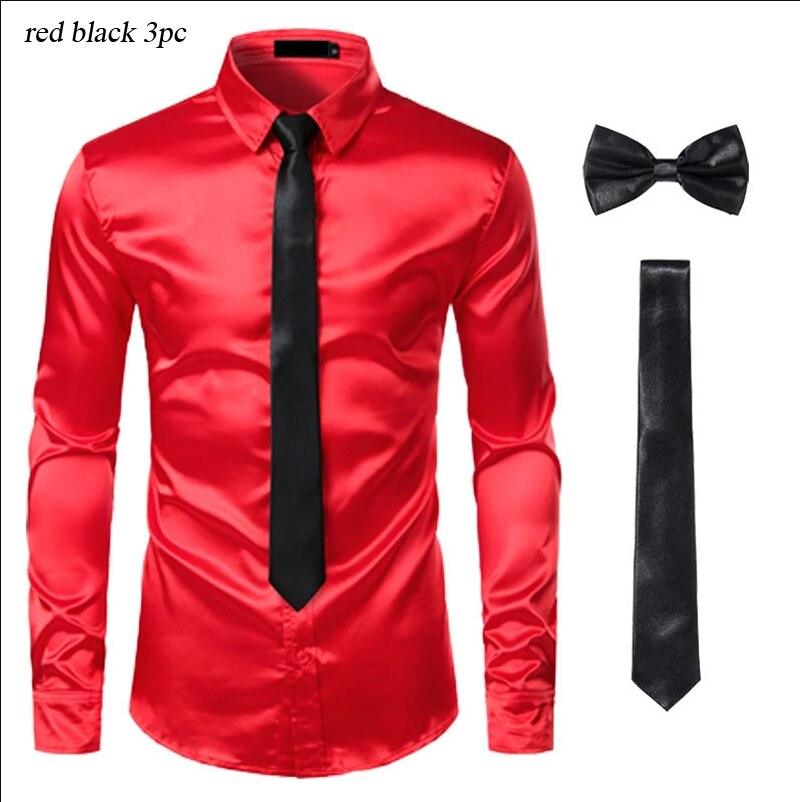 Chemises Hommes en Soie Noire avec Cravate et Noeud Papillon red black