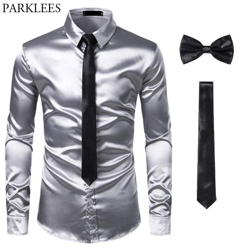 Chemises Hommes en Soie Noire avec Cravate et Noeud Papillon