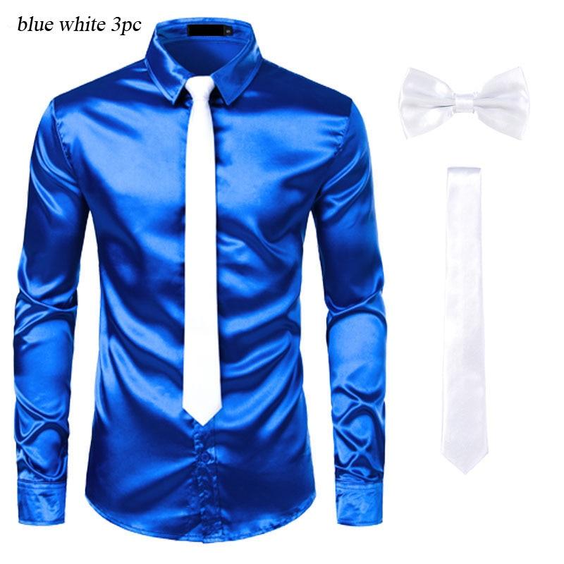 Chemises Hommes en Soie Noire avec Cravate et Noeud Papillon blue white