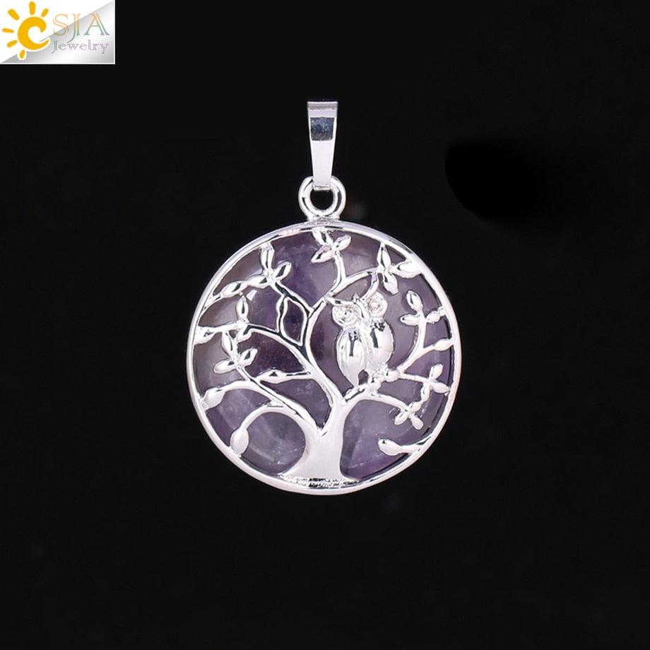 "Collier Pendentif Arbre de Vie CSJA avec Cristaux et Hibou" Amethyst