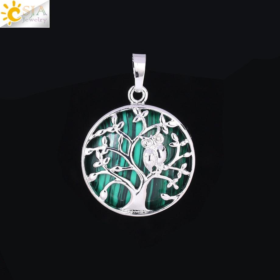 "Collier Pendentif Arbre de Vie CSJA avec Cristaux et Hibou" Malachite