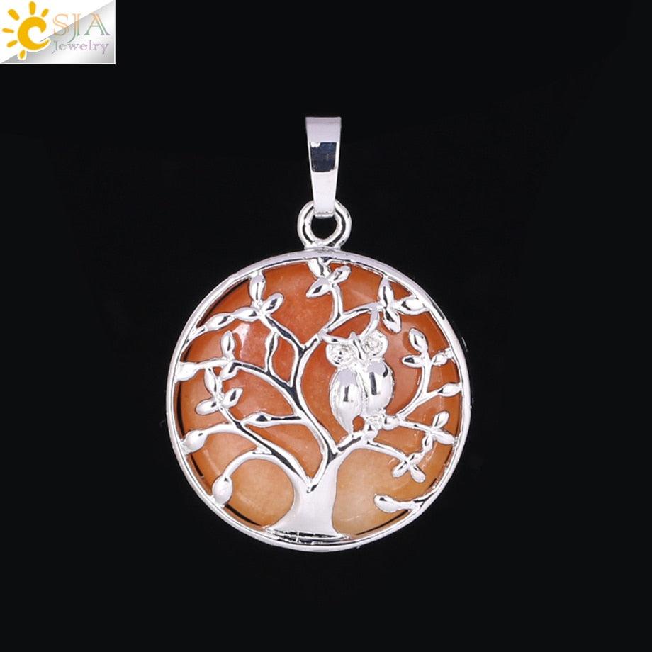 "Collier Pendentif Arbre de Vie CSJA avec Cristaux et Hibou" Orange Jade