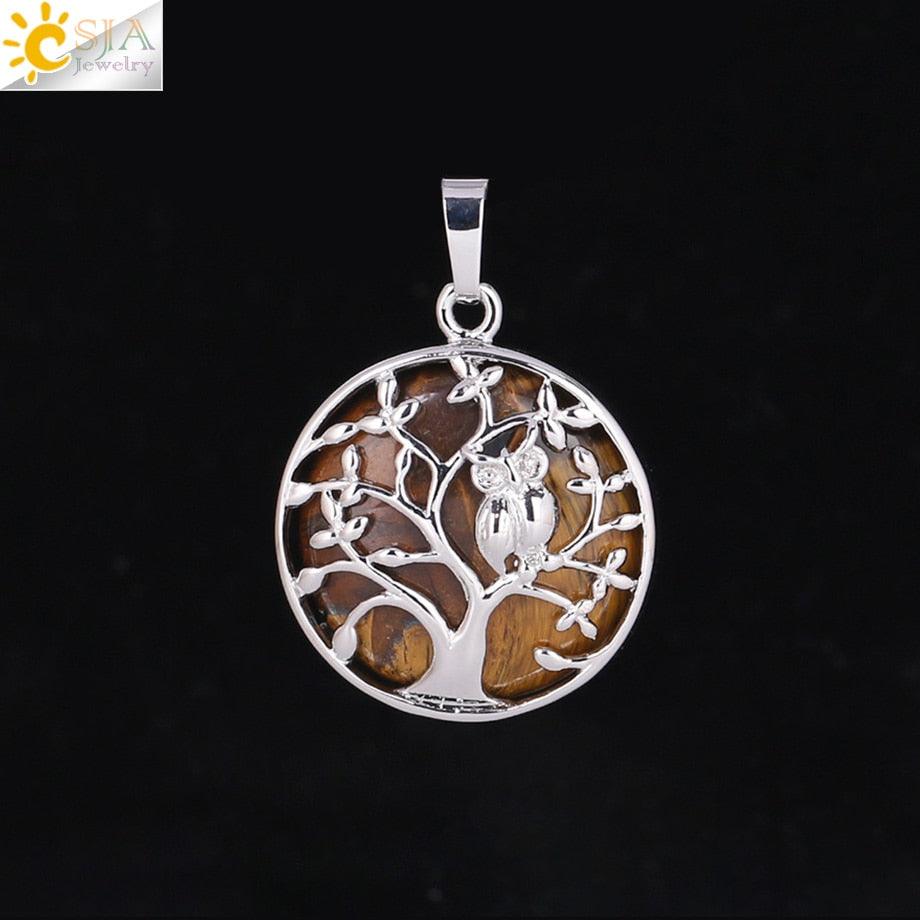 "Collier Pendentif Arbre de Vie CSJA avec Cristaux et Hibou" Tiger Eye