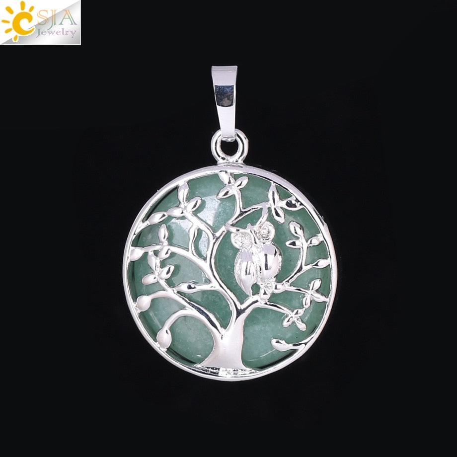"Collier Pendentif Arbre de Vie CSJA avec Cristaux et Hibou" Green Aventurine