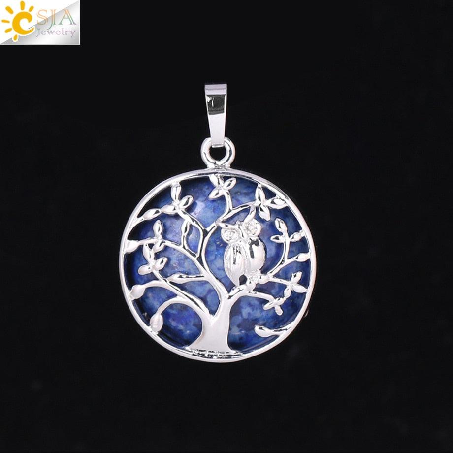 "Collier Pendentif Arbre de Vie CSJA avec Cristaux et Hibou" Lapis Lazuli