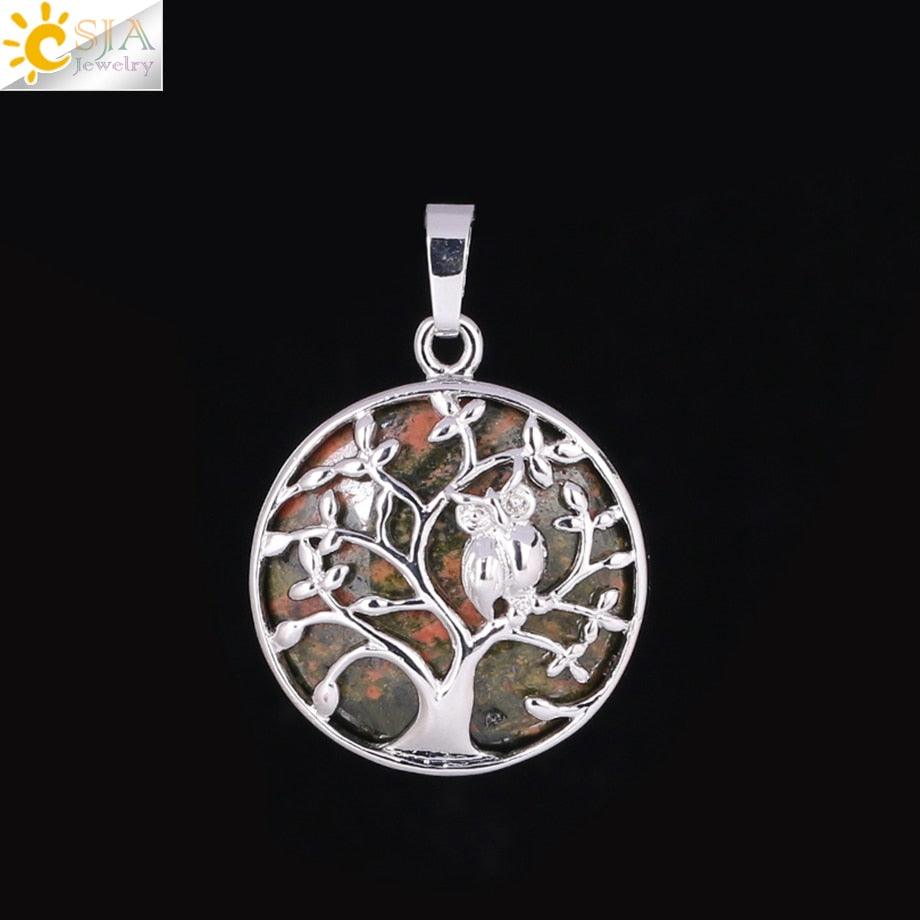 "Collier Pendentif Arbre de Vie CSJA avec Cristaux et Hibou" Unakite