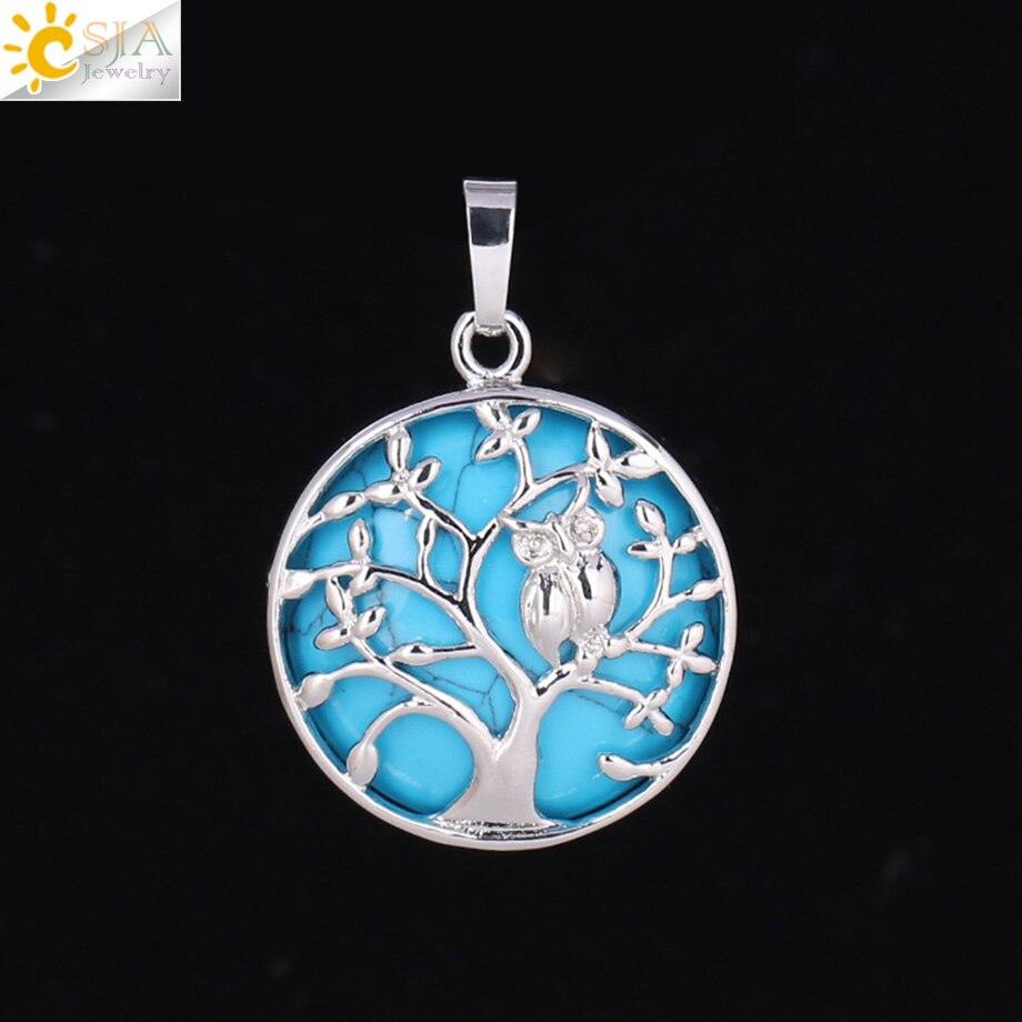 "Collier Pendentif Arbre de Vie CSJA avec Cristaux et Hibou" Blue Turquoise