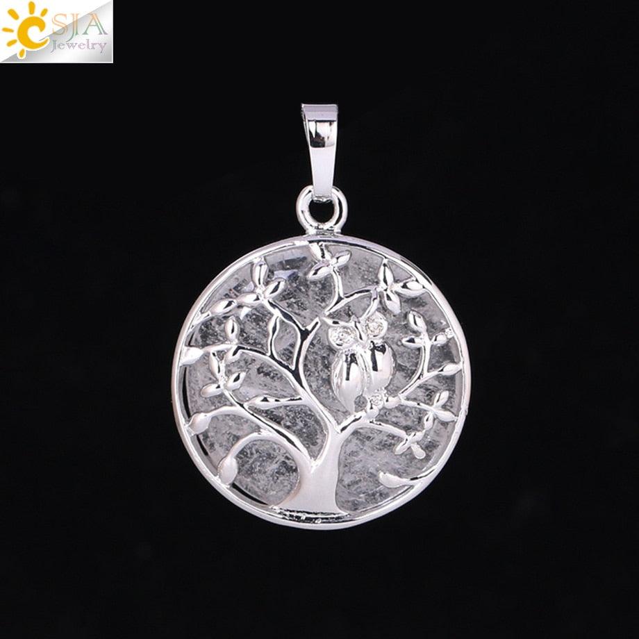 "Collier Pendentif Arbre de Vie CSJA avec Cristaux et Hibou" White Crystal