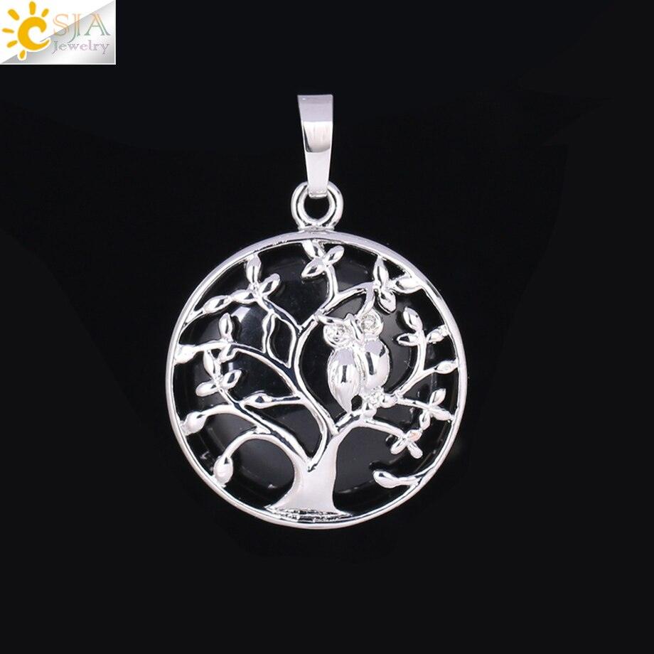 "Collier Pendentif Arbre de Vie CSJA avec Cristaux et Hibou" Black Onyx