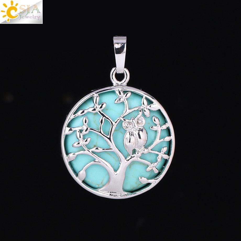 "Collier Pendentif Arbre de Vie CSJA avec Cristaux et Hibou" Turquoise