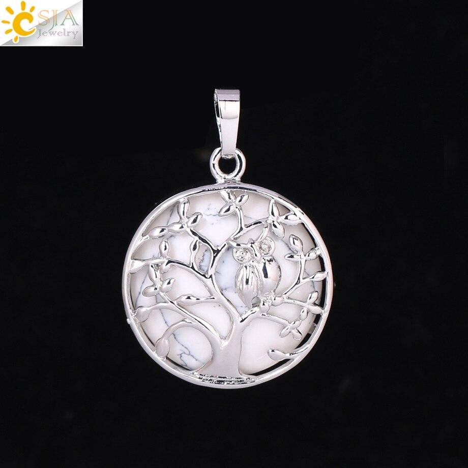 "Collier Pendentif Arbre de Vie CSJA avec Cristaux et Hibou" White Turquoise