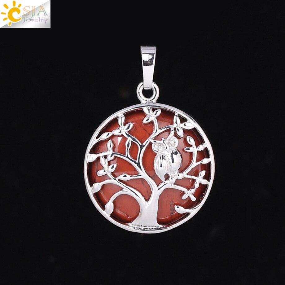 "Collier Pendentif Arbre de Vie CSJA avec Cristaux et Hibou" Red Jasper