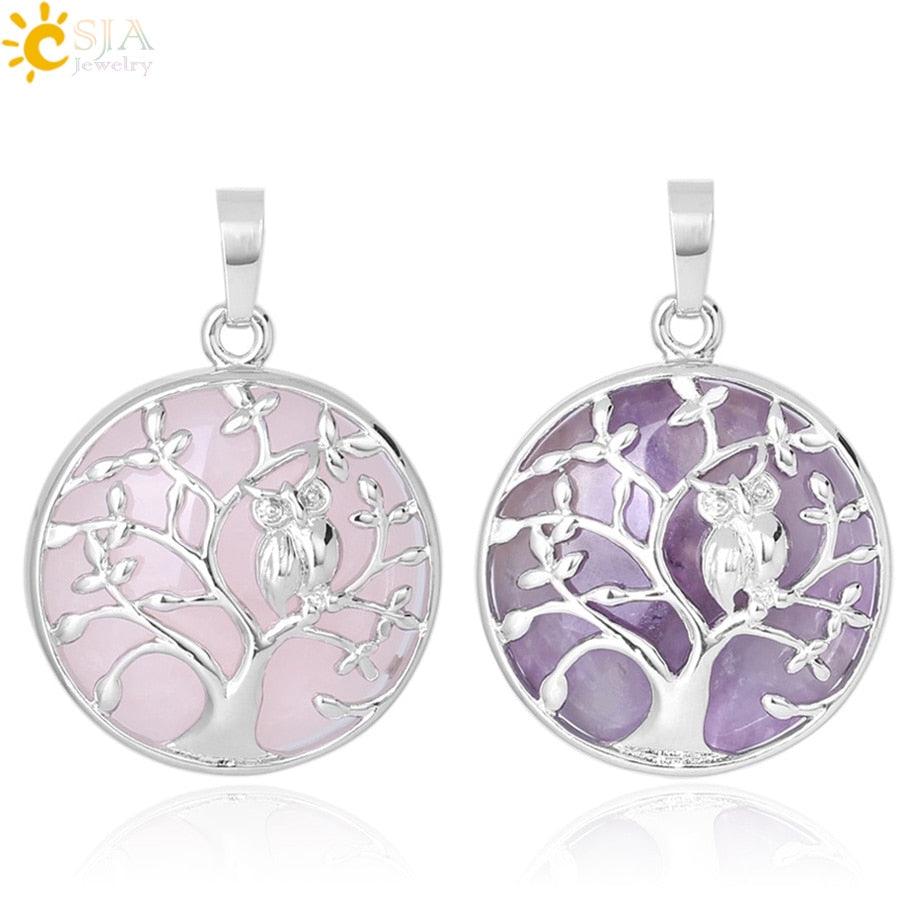 "Collier Pendentif Arbre de Vie CSJA avec Cristaux et Hibou"