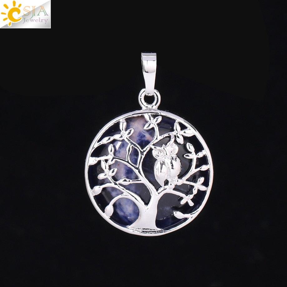 "Collier Pendentif Arbre de Vie CSJA avec Cristaux et Hibou" Sodalite