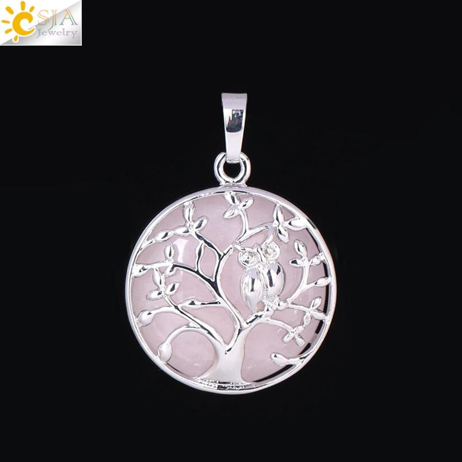 "Collier Pendentif Arbre de Vie CSJA avec Cristaux et Hibou" Rose Quartz