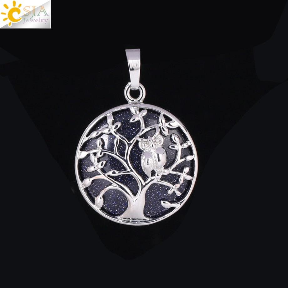 "Collier Pendentif Arbre de Vie CSJA avec Cristaux et Hibou" Blue Sand