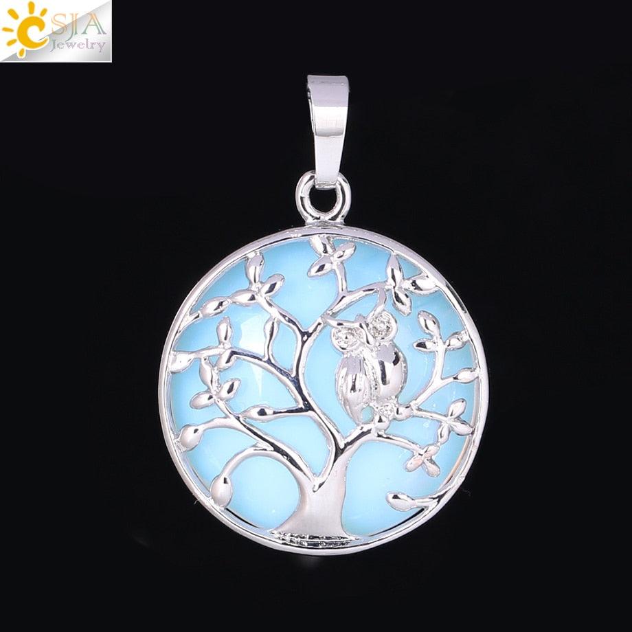 "Collier Pendentif Arbre de Vie CSJA avec Cristaux et Hibou" Opal