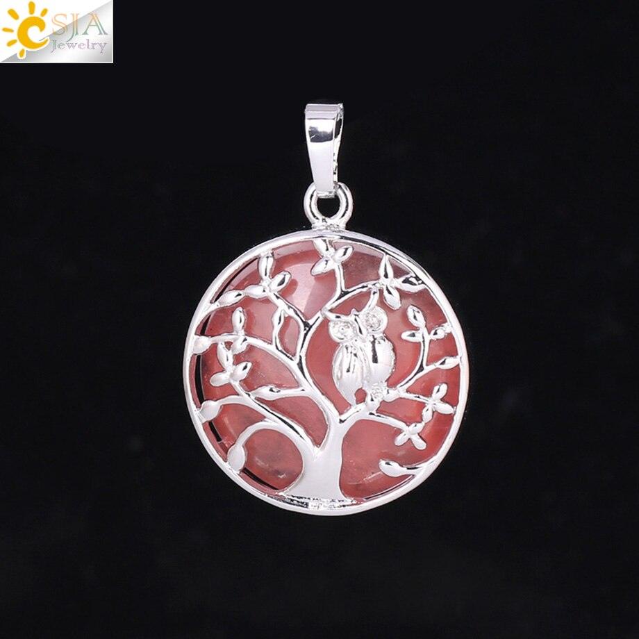 "Collier Pendentif Arbre de Vie CSJA avec Cristaux et Hibou" Watermelon Crystal