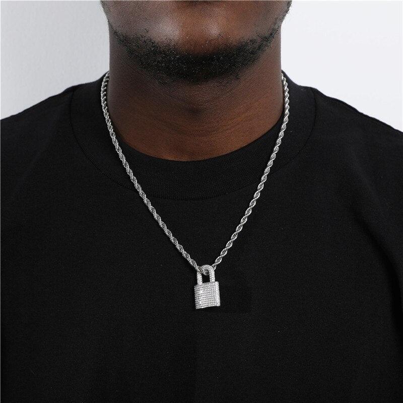 Collier et pendentif Hip Hop Bling Lock Iced Silver