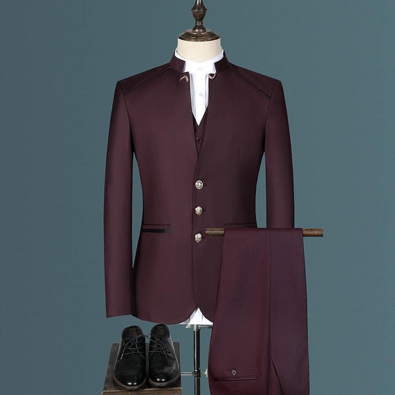 Costume Homme Mariage Business de Haute Qualité avec Veste, Pantalon et Gilet 3 PCS Set wine red 1