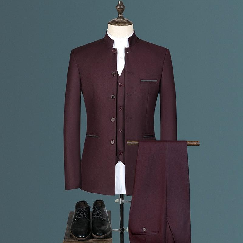 Costume Homme Mariage Business de Haute Qualité avec Veste, Pantalon et Gilet 3 PCS Set wine red