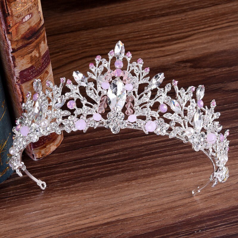 Couronne de mariage en argent avec strass de luxe en forme de cœur Silver Pink Beads
