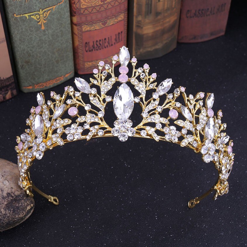Couronne de mariage en argent avec strass de luxe en forme de cœur Gold Pink
