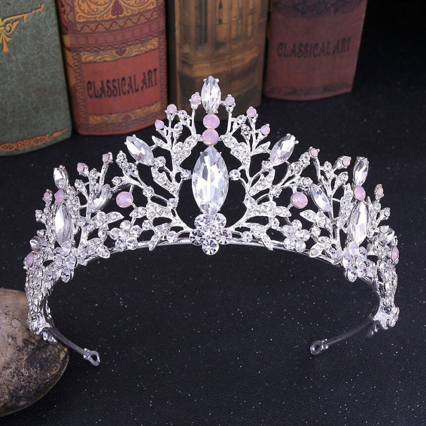 Couronne de mariage en argent avec strass de luxe en forme de cœur Silver Pink