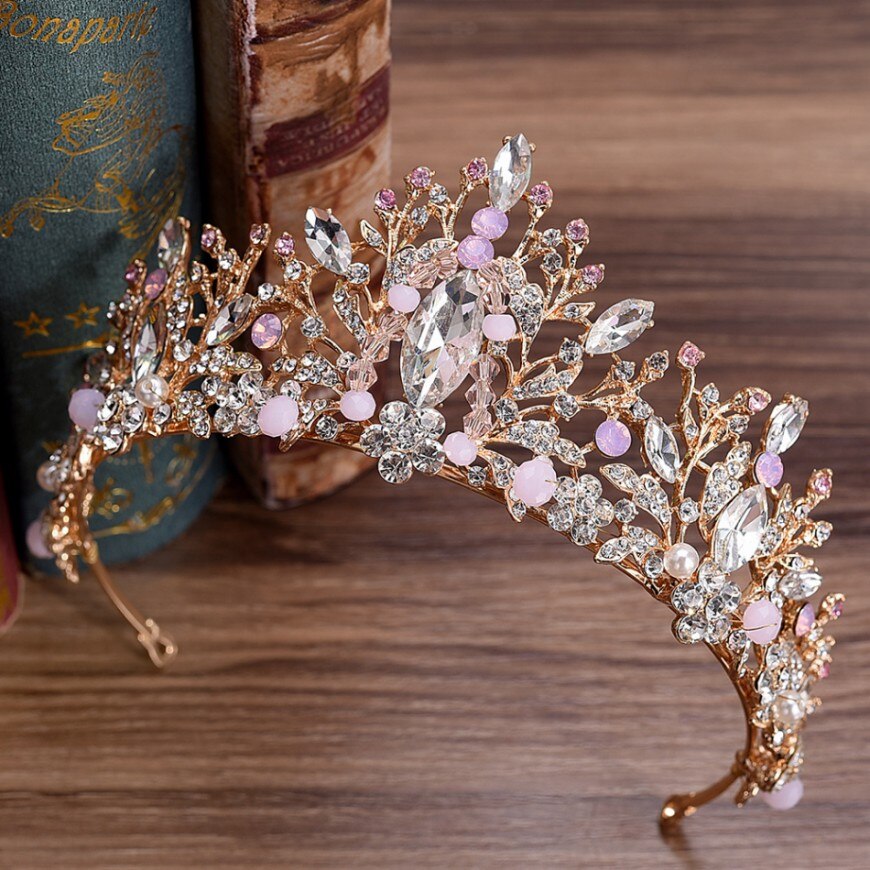 Couronne de mariage en argent avec strass de luxe en forme de cœur Gold Pink Beads