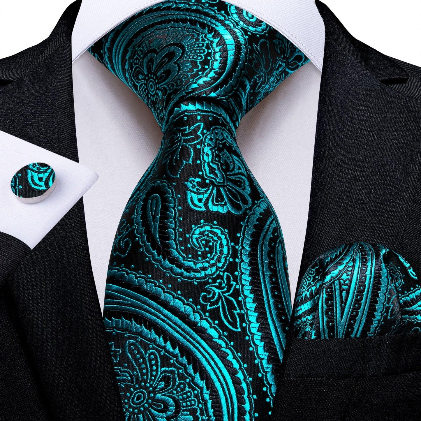 "Cravate pour homme en soie de designer paisley bleu sarcelle DiBanGu" MJ-7701