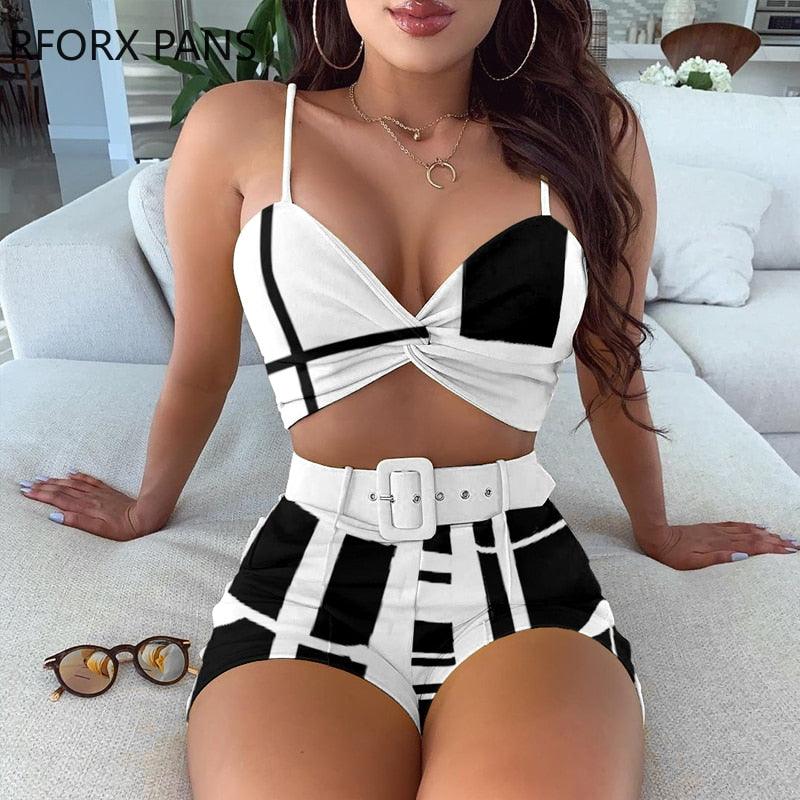 "Ensemble Top & Short Femme Colorblock - Spaghetti et Twisted" White
