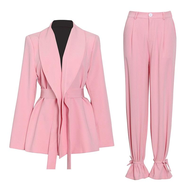 "Ensemble pour femmes : blazer à col en V et pantalon taille haute ajustable" Pink