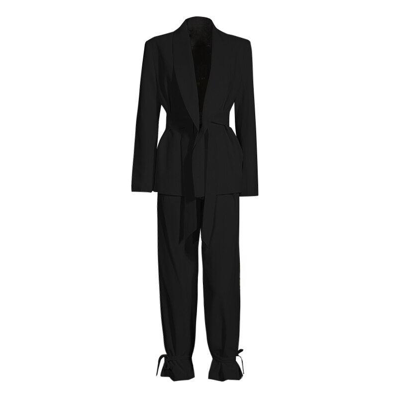 "Ensemble pour femmes : blazer à col en V et pantalon taille haute ajustable" black