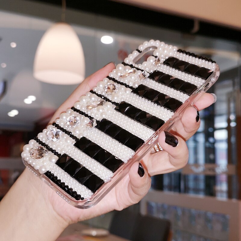 Étui à chaîne en cristal pour Samsung Galaxy avec motif de piano noir et blanc