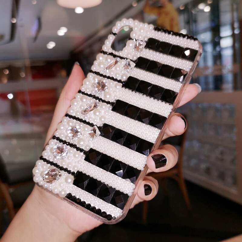 Étui à chaîne en cristal pour Samsung Galaxy avec motif de piano noir et blanc