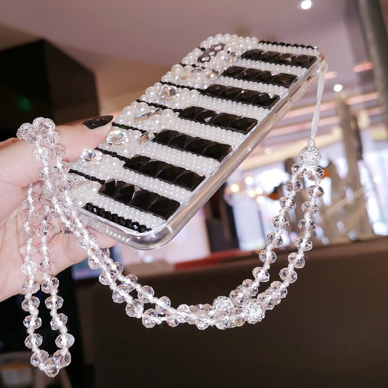 Étui à chaîne en cristal pour Samsung Galaxy avec motif de piano noir et blanc