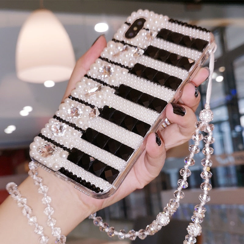 Étui à chaîne en cristal pour Samsung Galaxy avec motif de piano noir et blanc