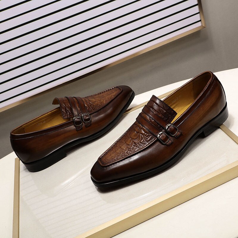 FELIX CHU Chaussures Hommes Casual Business - Mocassins en Cuir Véritable avec Double Boucle