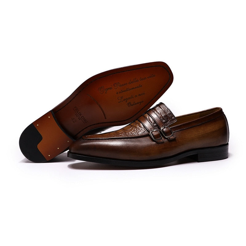 FELIX CHU Chaussures Hommes Casual Business - Mocassins en Cuir Véritable avec Double Boucle
